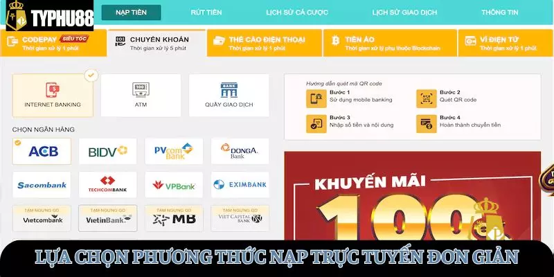 Lựa chọn phương thức nạp trực tuyến đơn giản